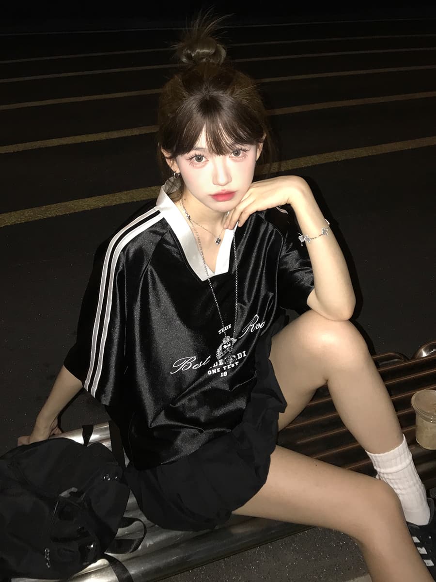 ジャージ レディース スポーティー風 光沢 半袖トップス