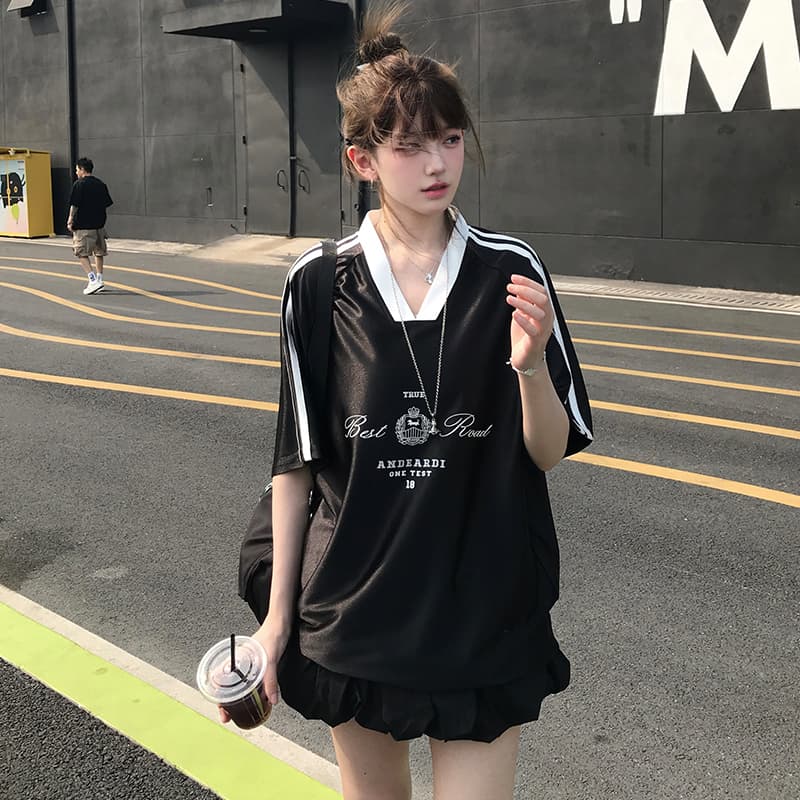 ジャージ レディース スポーティー風 光沢 半袖トップス