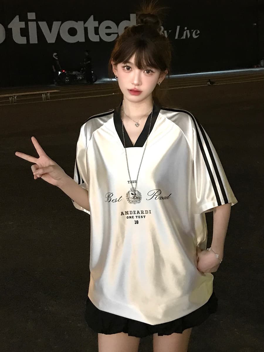 ジャージ レディース スポーティー風 光沢 半袖トップス