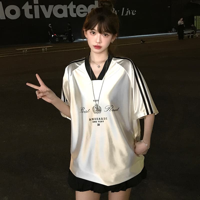 ジャージ レディース スポーティー風 光沢 半袖トップス