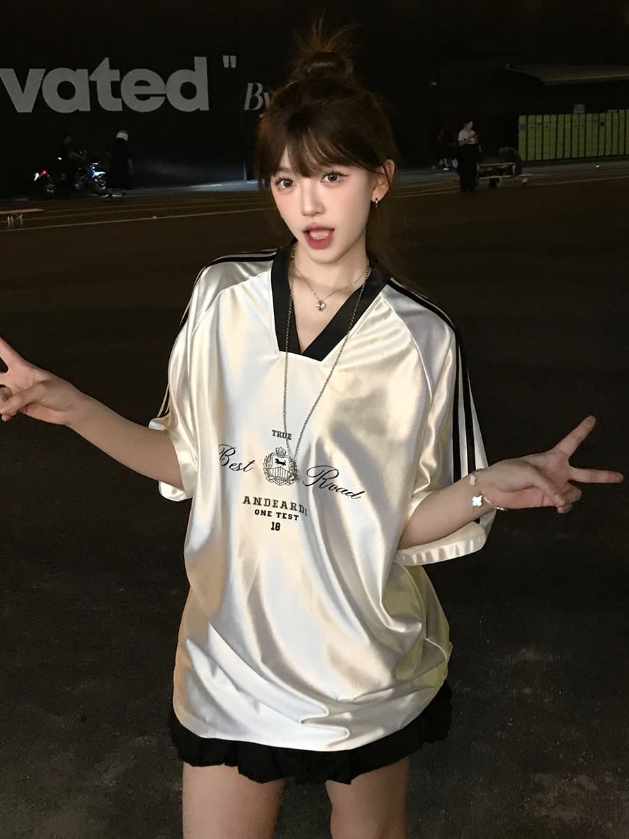 ジャージ レディース スポーティー風 光沢 半袖トップス